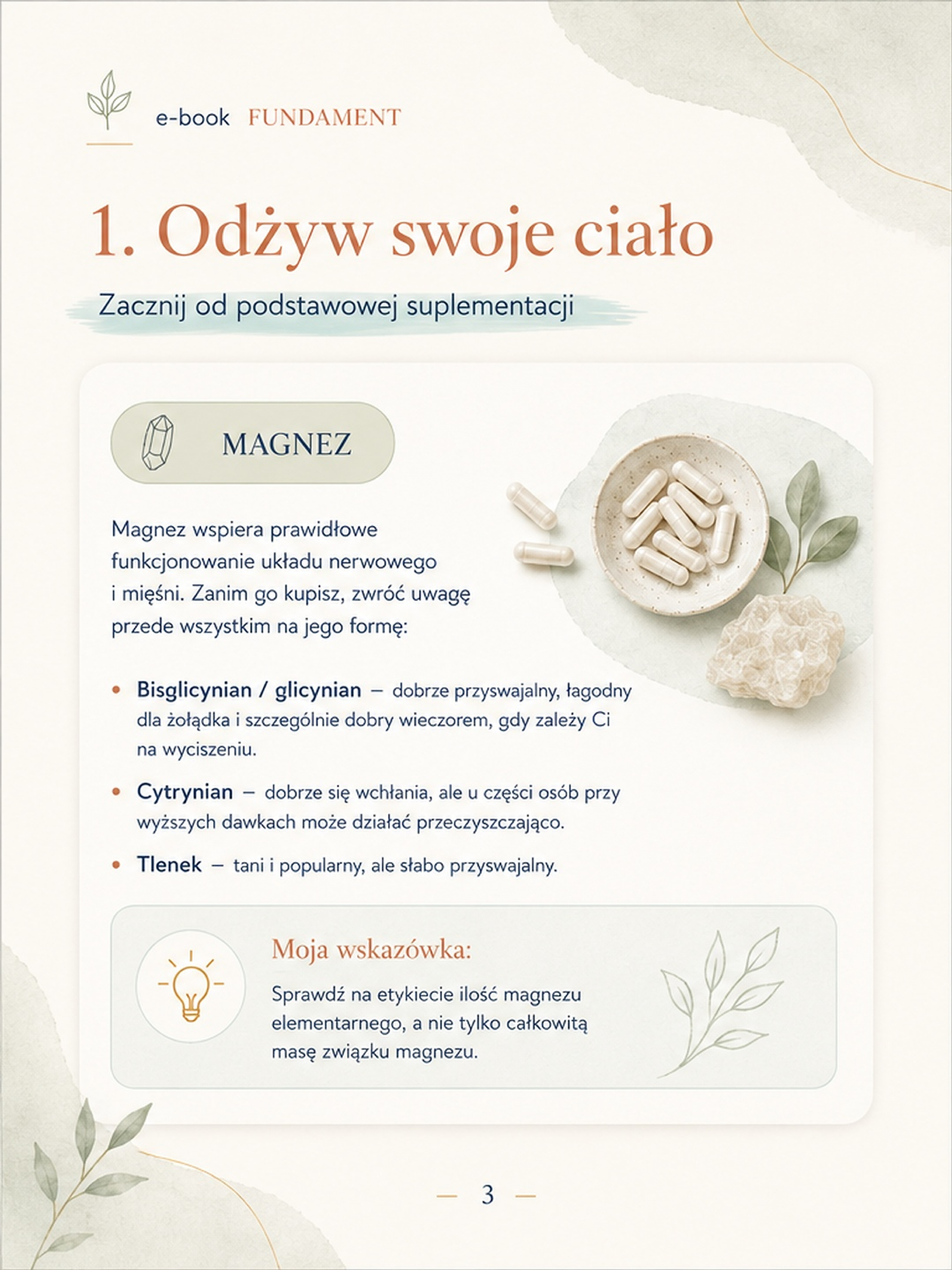 Fragment wnętrza e-booka FUNDAMENTY — rozdział o podstawowej suplementacji